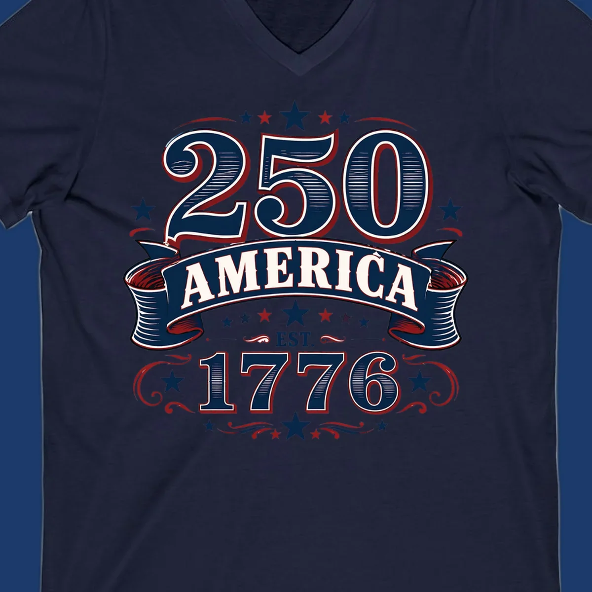 America 250th anniversary design with bold typography '250 AMERICA EST. 1776' in patriotic colors.