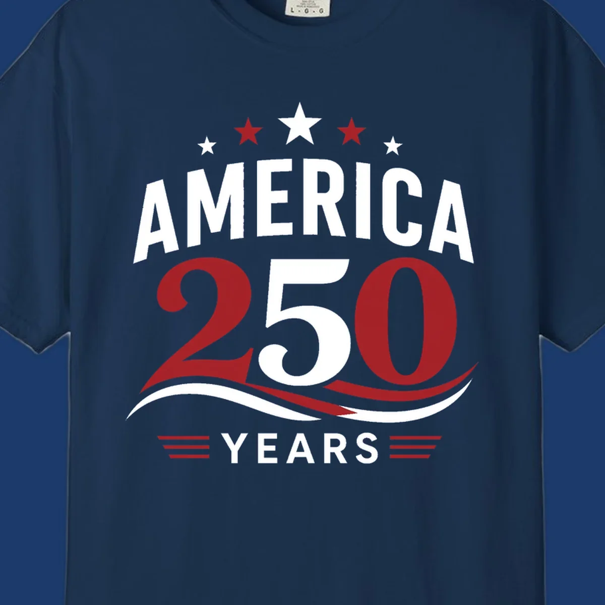 America 250th anniversary celebration graphic with bold text and patriotic colors.
