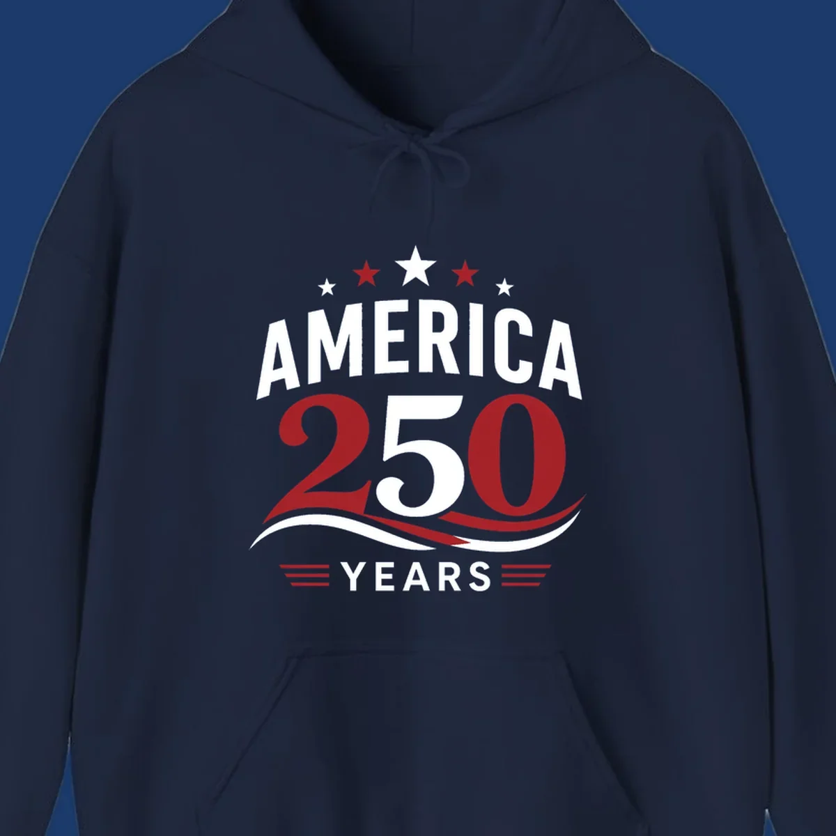 America 250th anniversary celebration graphic with bold text and patriotic colors.