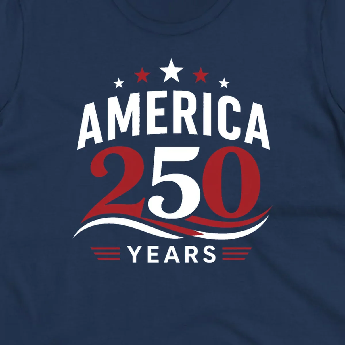 America 250th anniversary celebration graphic with bold text and patriotic colors.