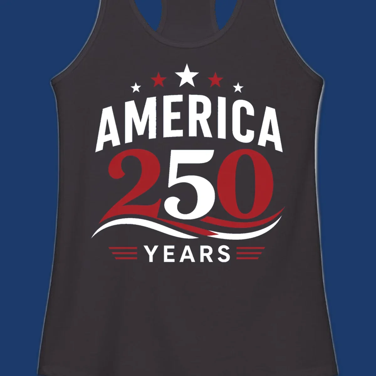 America 250th anniversary celebration graphic with bold text and patriotic colors.