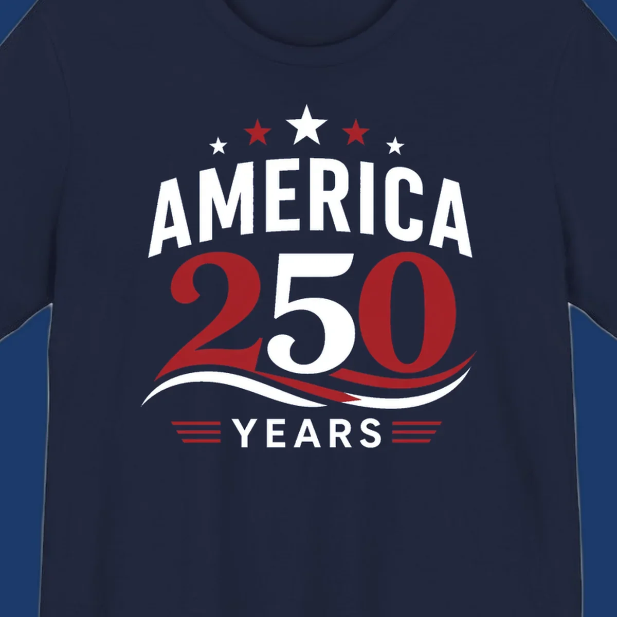 America 250th anniversary celebration graphic with bold text and patriotic colors.