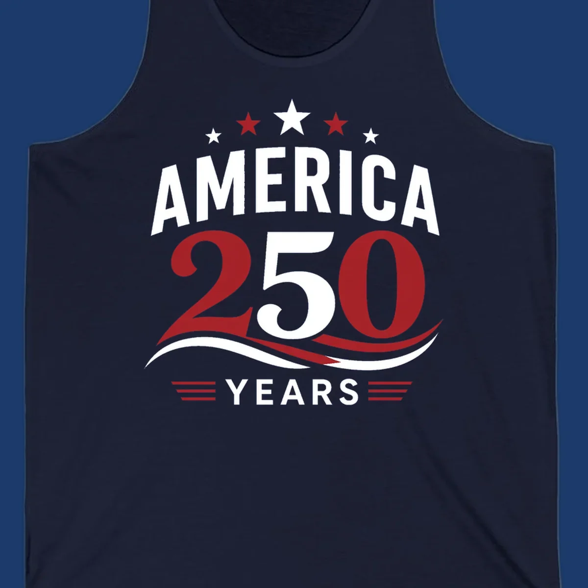 America 250th anniversary celebration graphic with bold text and patriotic colors.