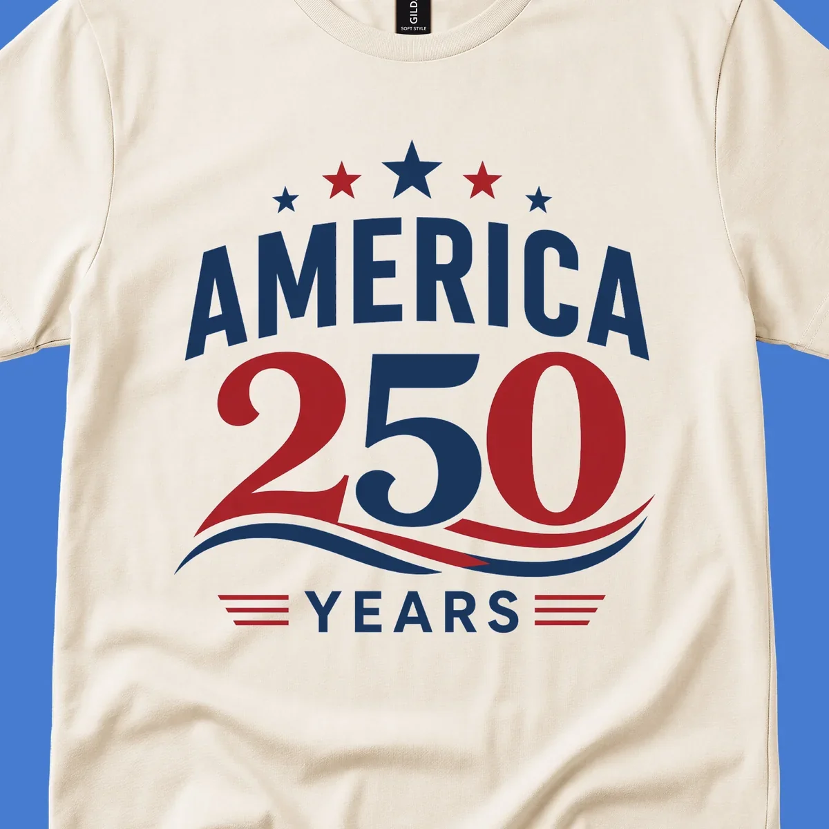 America 250th anniversary celebration graphic with bold text and patriotic colors.