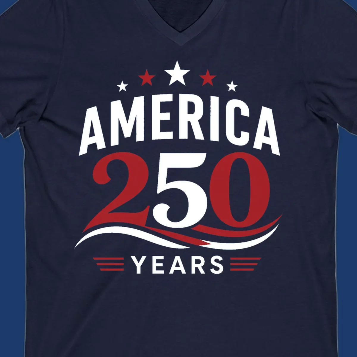 America 250th anniversary celebration graphic with bold text and patriotic colors.