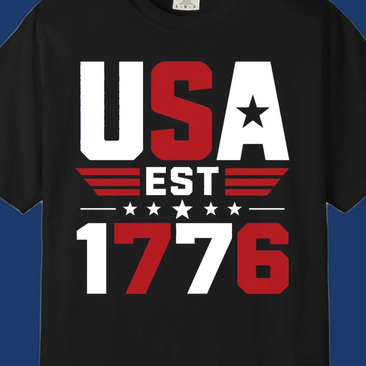 USA 1776 Stars and Stripes typography design with red, white, and blue elements.