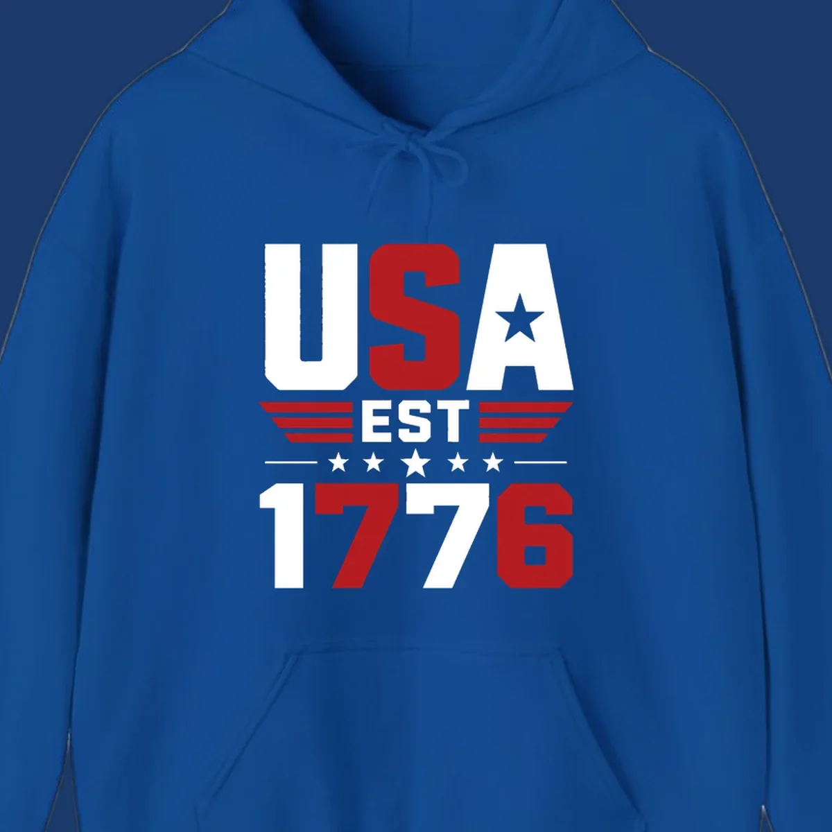 USA 1776 Stars and Stripes typography design with red, white, and blue elements.