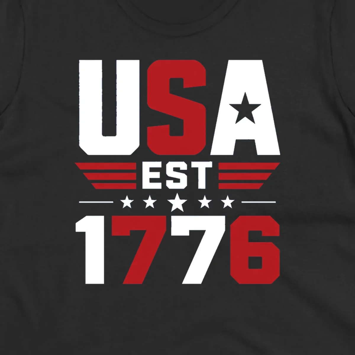 USA 1776 Stars and Stripes typography design with red, white, and blue elements.