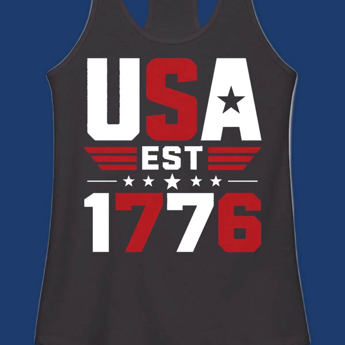 USA 1776 Stars and Stripes typography design with red, white, and blue elements.