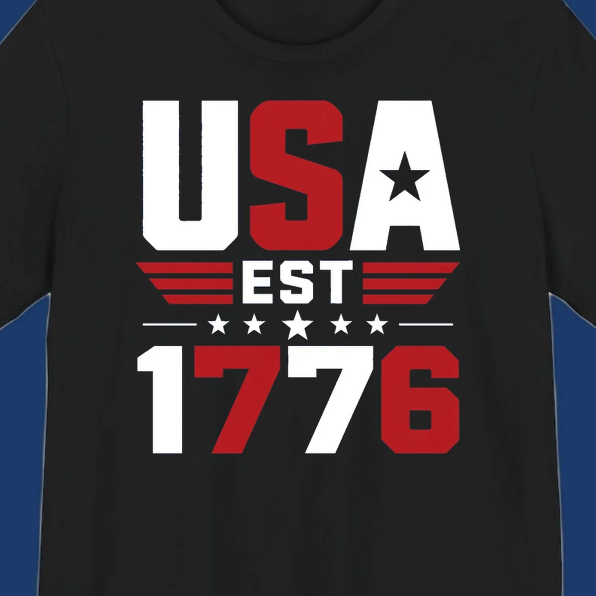 USA 1776 Stars and Stripes typography design with red, white, and blue elements.