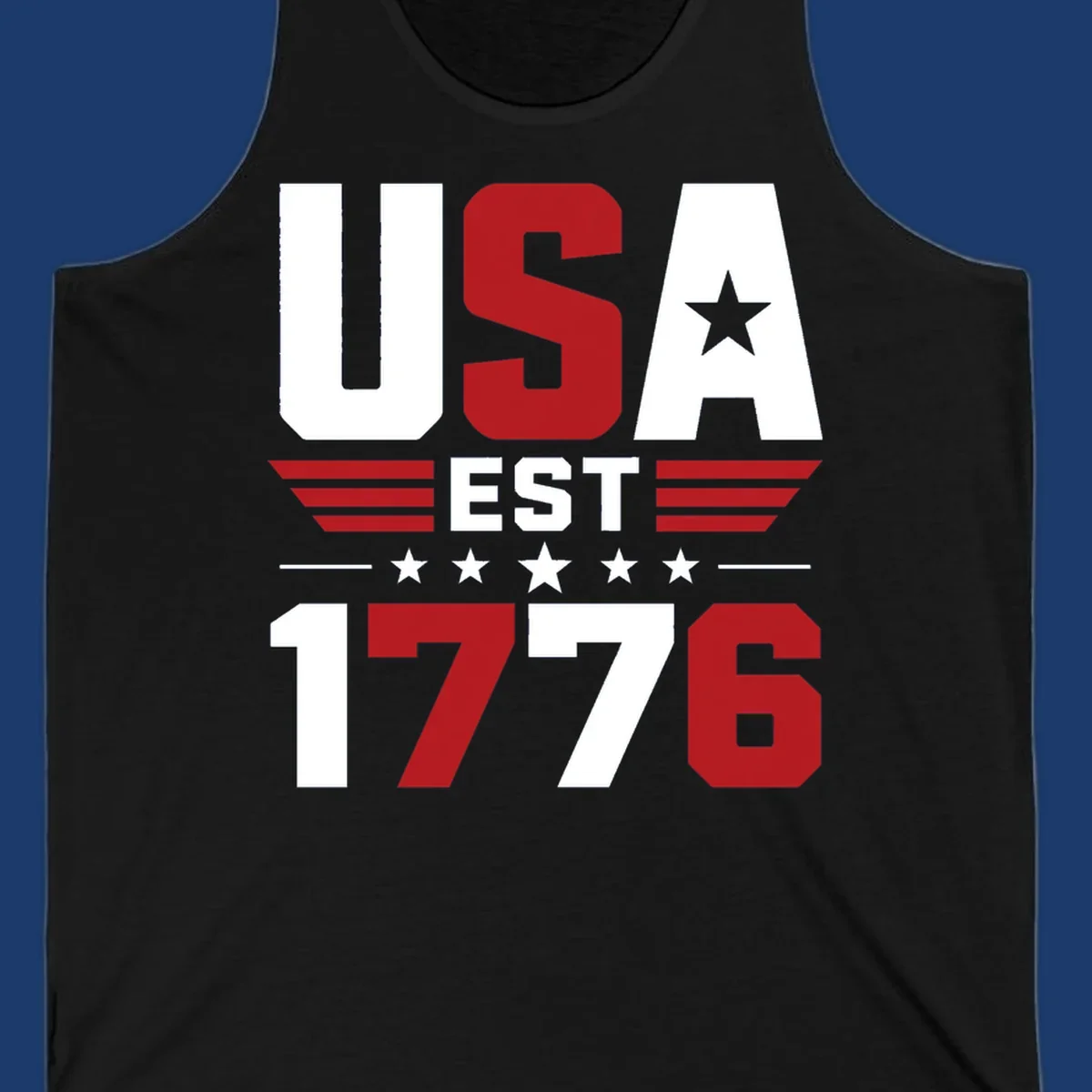 USA 1776 Stars and Stripes typography design with red, white, and blue elements.