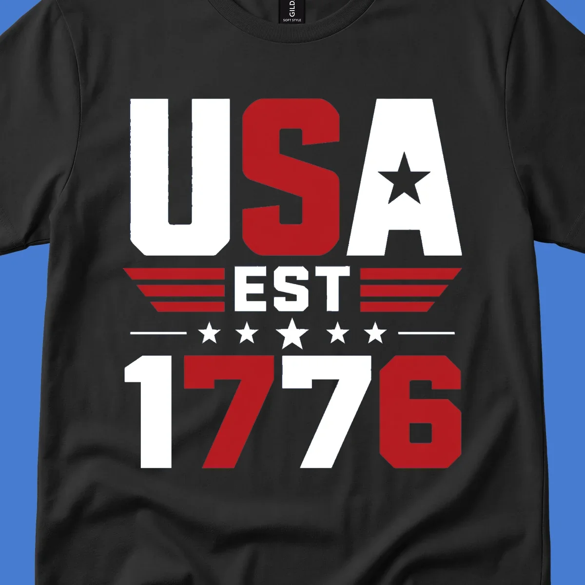 USA 1776 Stars and Stripes typography design with red, white, and blue elements.