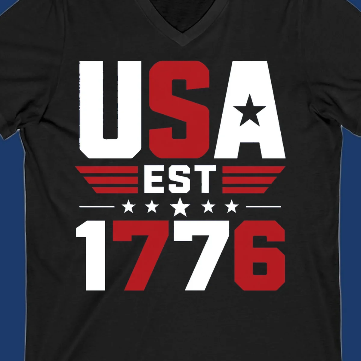 USA 1776 Stars and Stripes typography design with red, white, and blue elements.