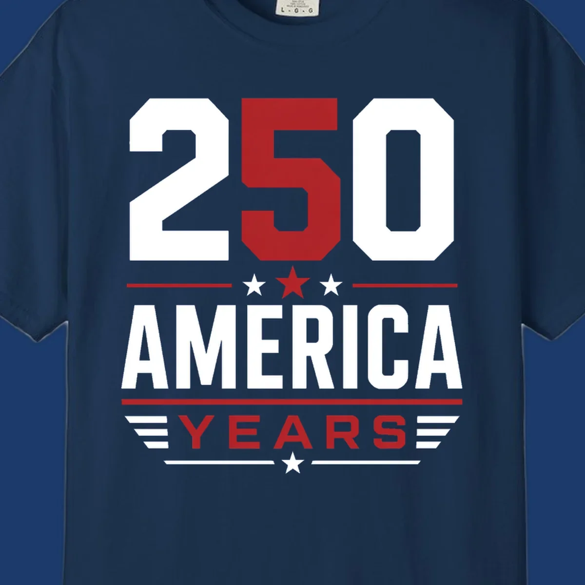 America 250th Anniversary design with bold text and patriotic elements.