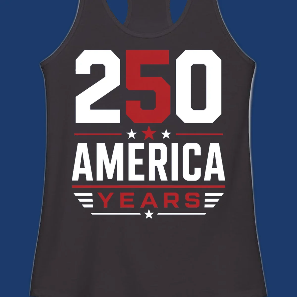 America 250th Anniversary design with bold text and patriotic elements.