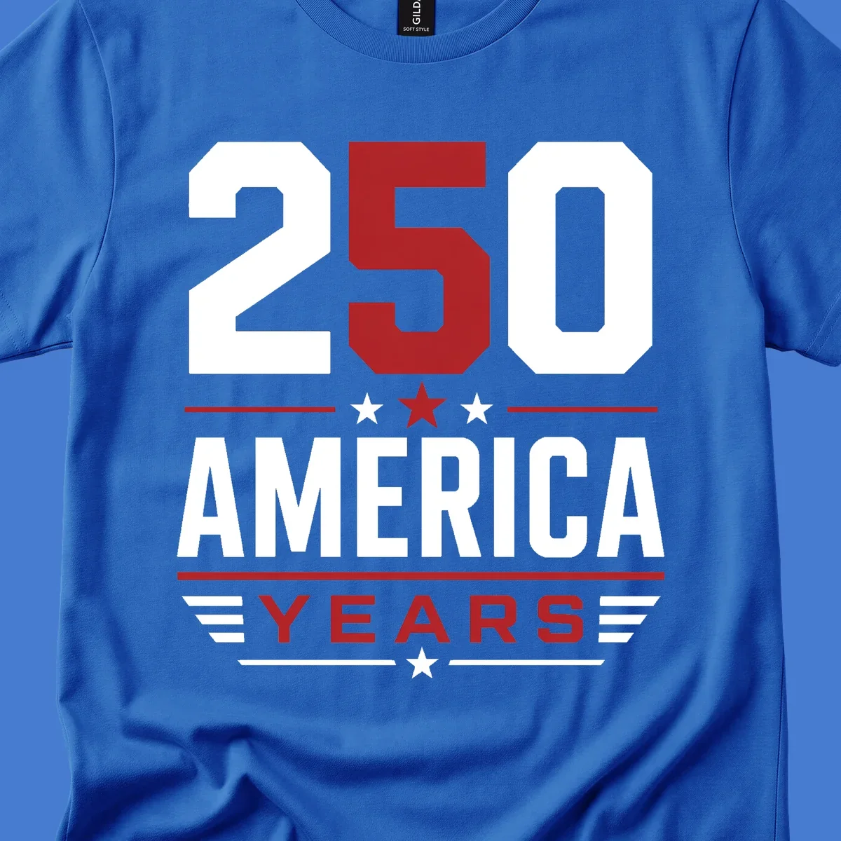 America 250th Anniversary design with bold text and patriotic elements.