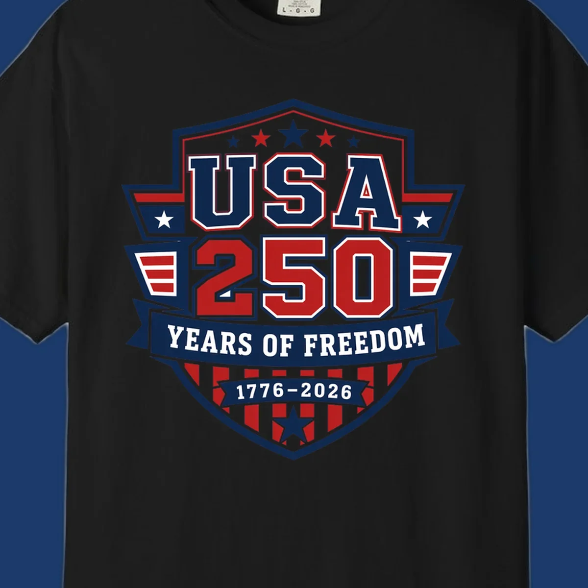 USA 250 freedom anniversary shield design with text and stars.