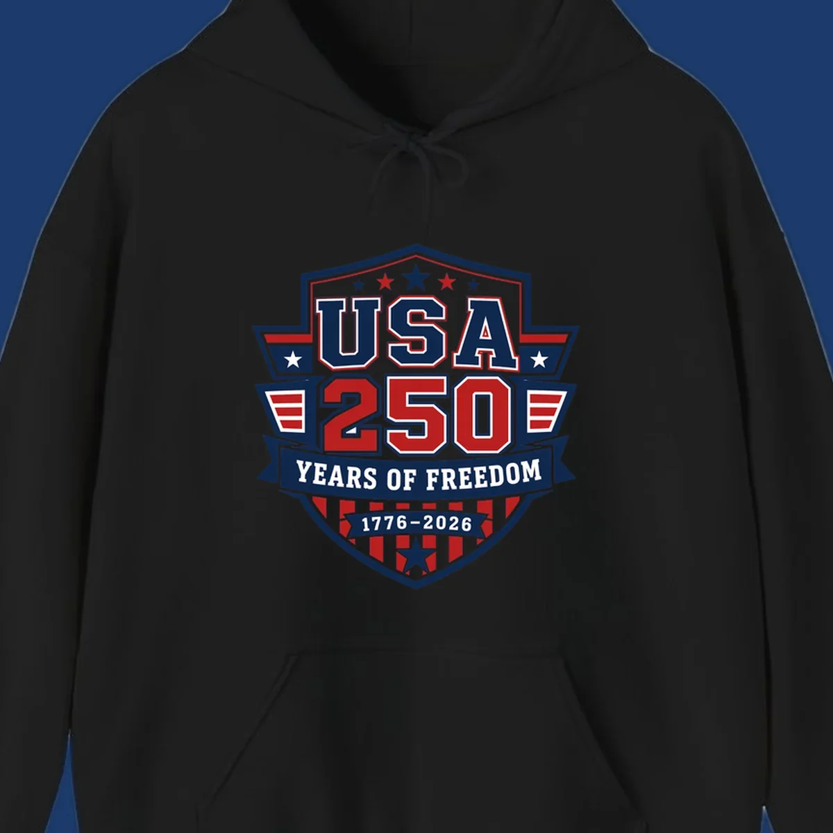 USA 250 freedom anniversary shield design with text and stars.