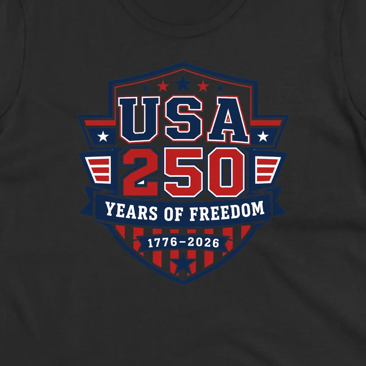 USA 250 freedom anniversary shield design with text and stars.