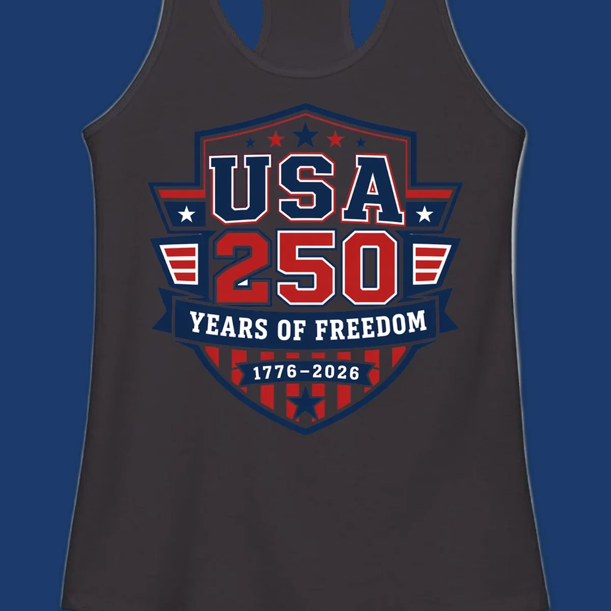 USA 250 freedom anniversary shield design with text and stars.