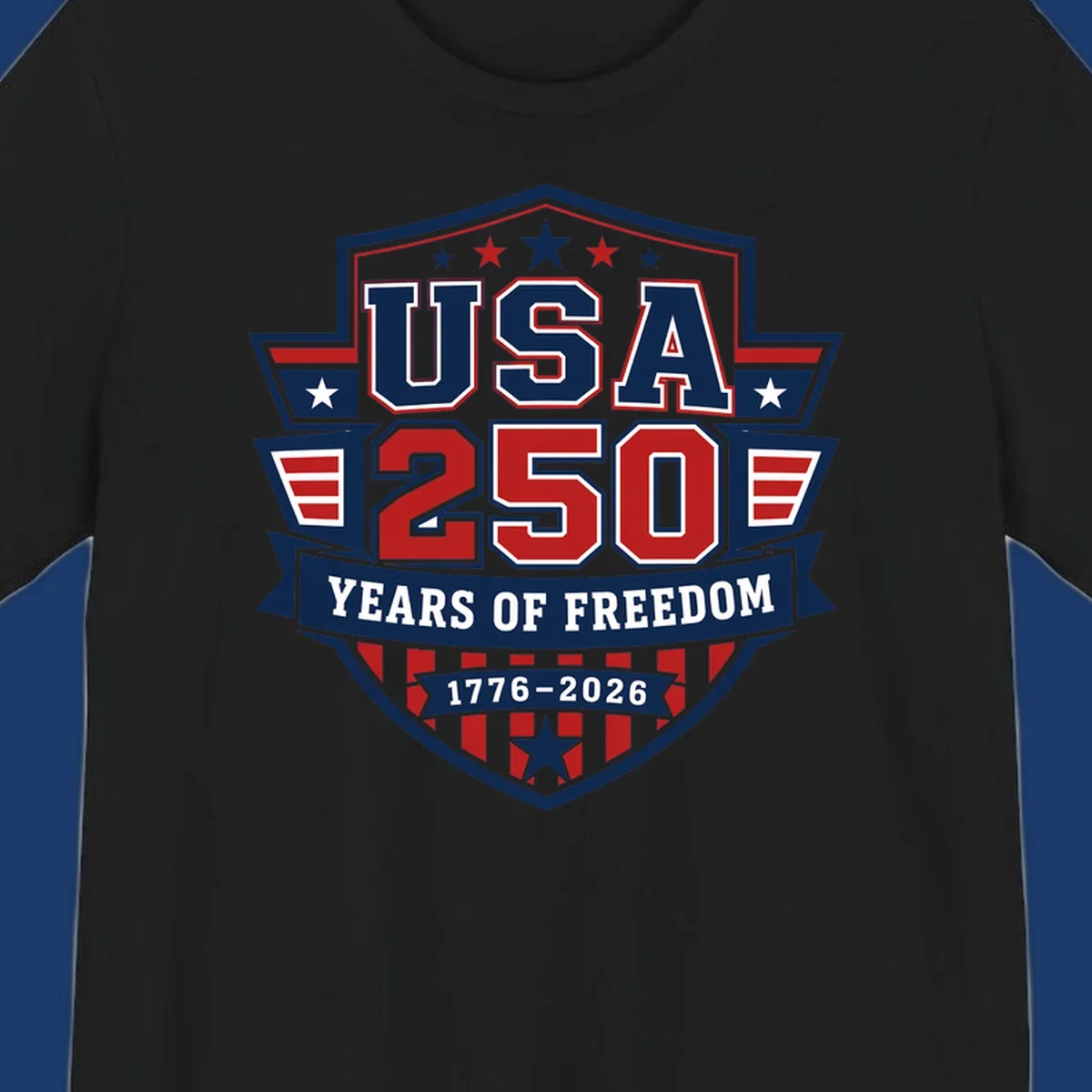 USA 250 freedom anniversary shield design with text and stars.