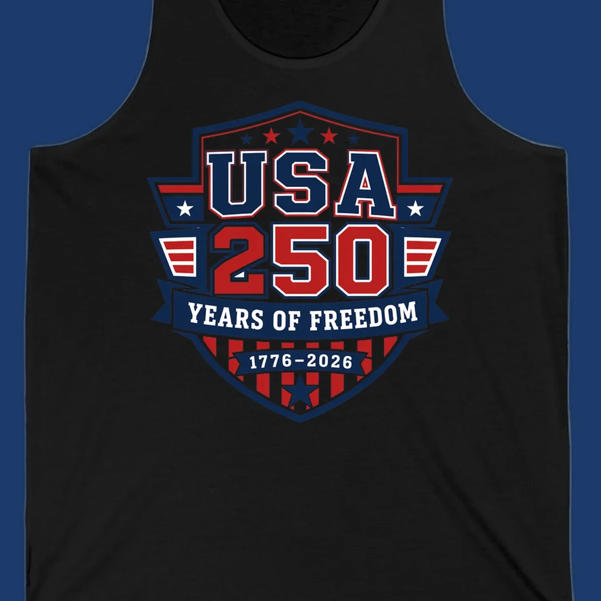 USA 250 freedom anniversary shield design with text and stars.