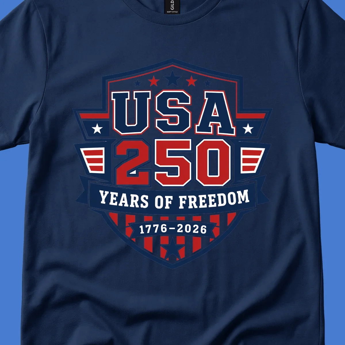 USA 250 freedom anniversary shield design with text and stars.