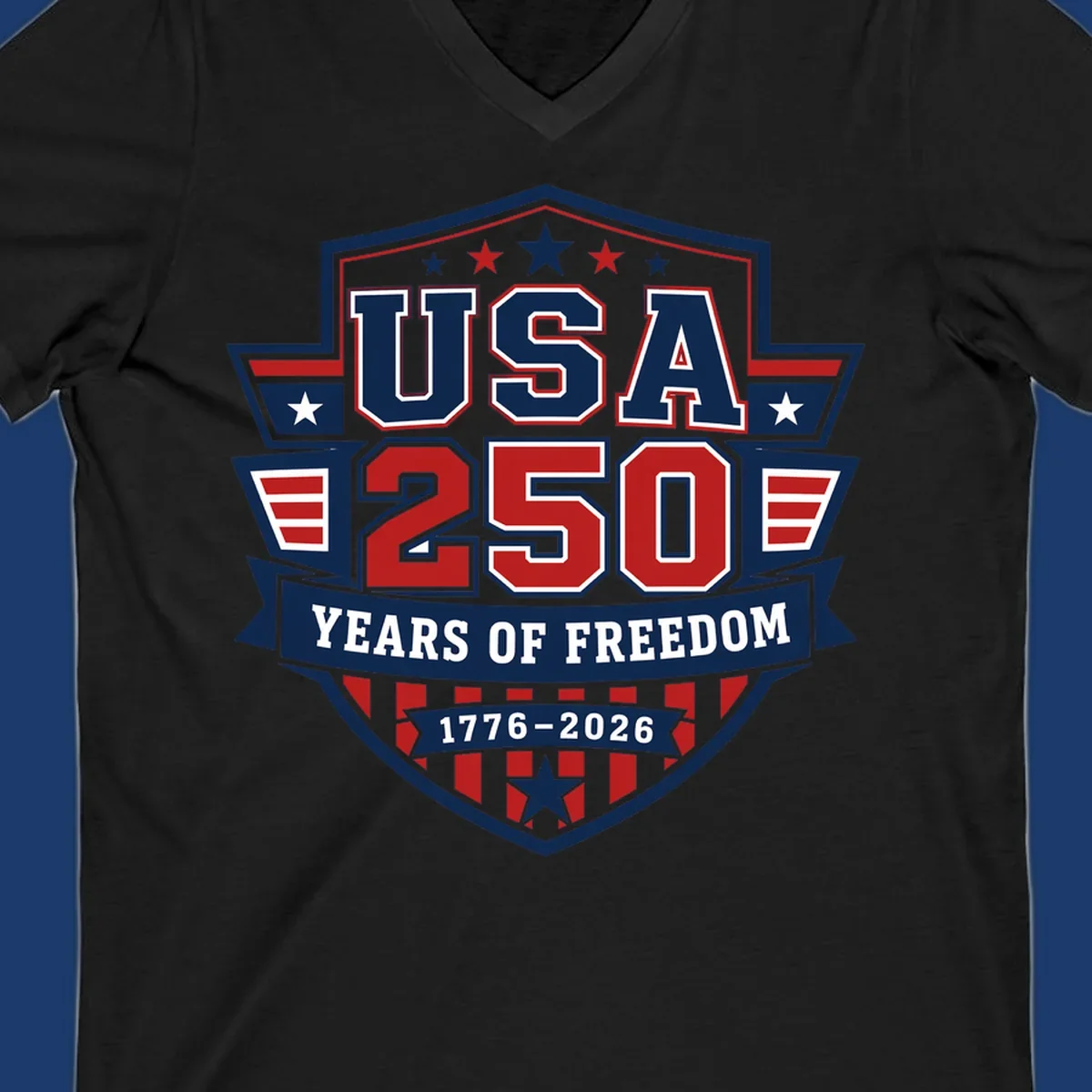 USA 250 freedom anniversary shield design with text and stars.