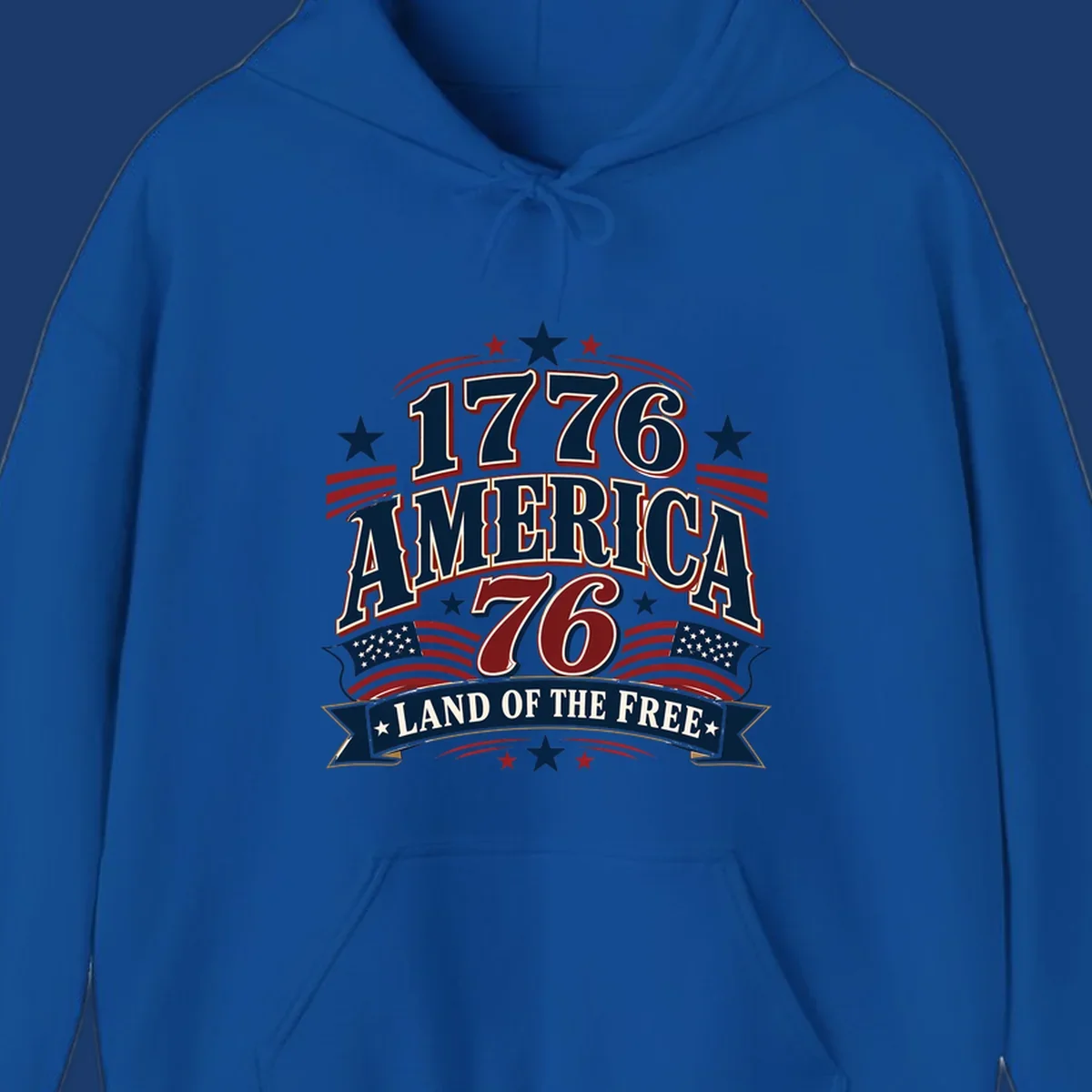 Bold 1776 America Land of the Free design with stars, stripes, and flags.