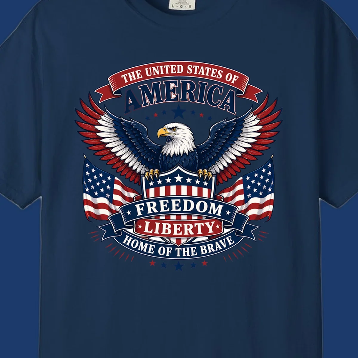 American freedom eagle with flags and patriotic text for USA celebration.