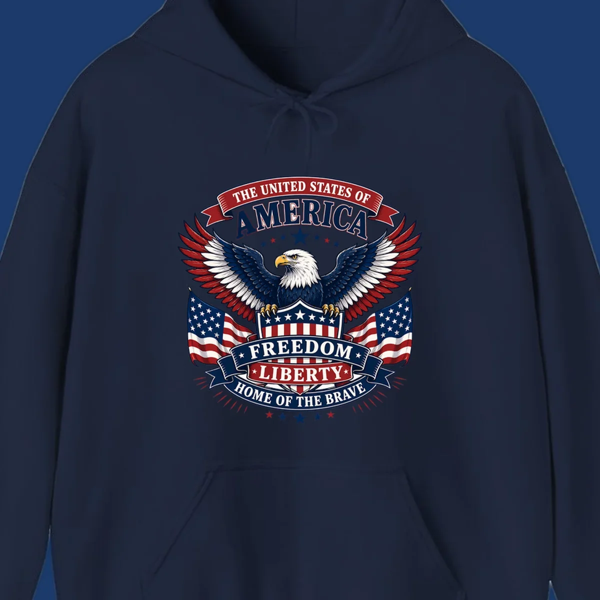 American freedom eagle with flags and patriotic text for USA celebration.