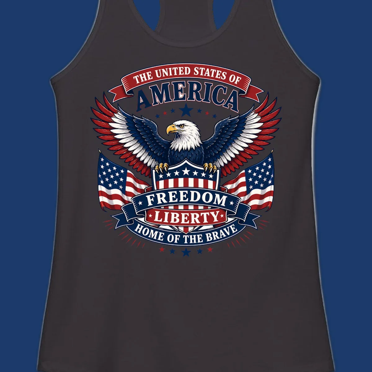 American freedom eagle with flags and patriotic text for USA celebration.
