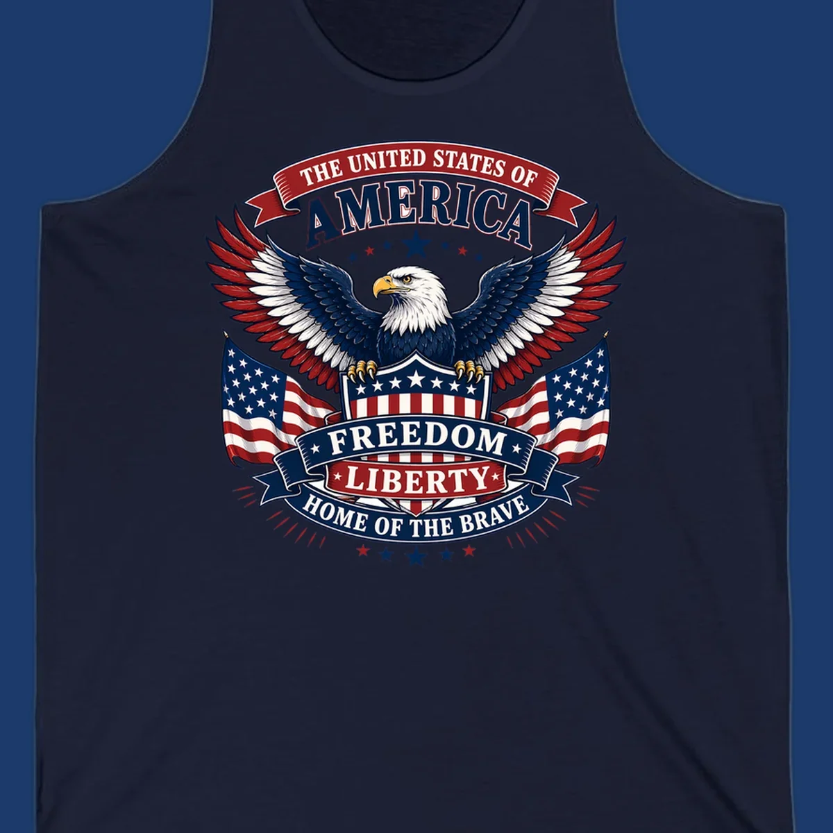American freedom eagle with flags and patriotic text for USA celebration.