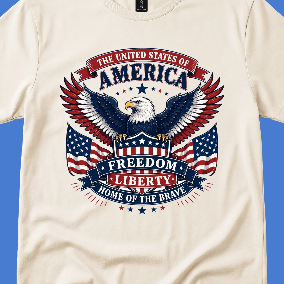 American freedom eagle with flags and patriotic text for USA celebration.