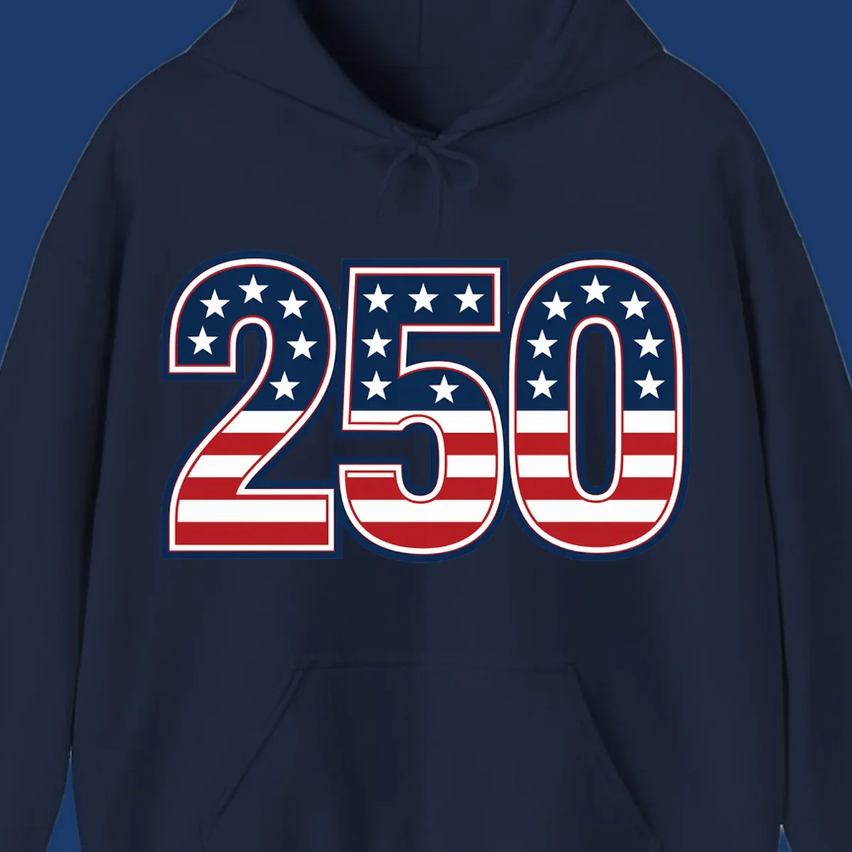 America 250th anniversary bold numbers with American flag pattern. Celebrate USA.