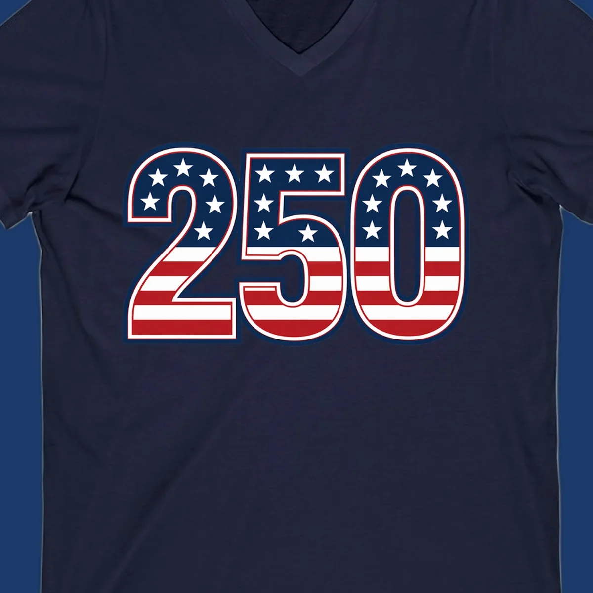 America 250th anniversary bold numbers with American flag pattern. Celebrate USA.