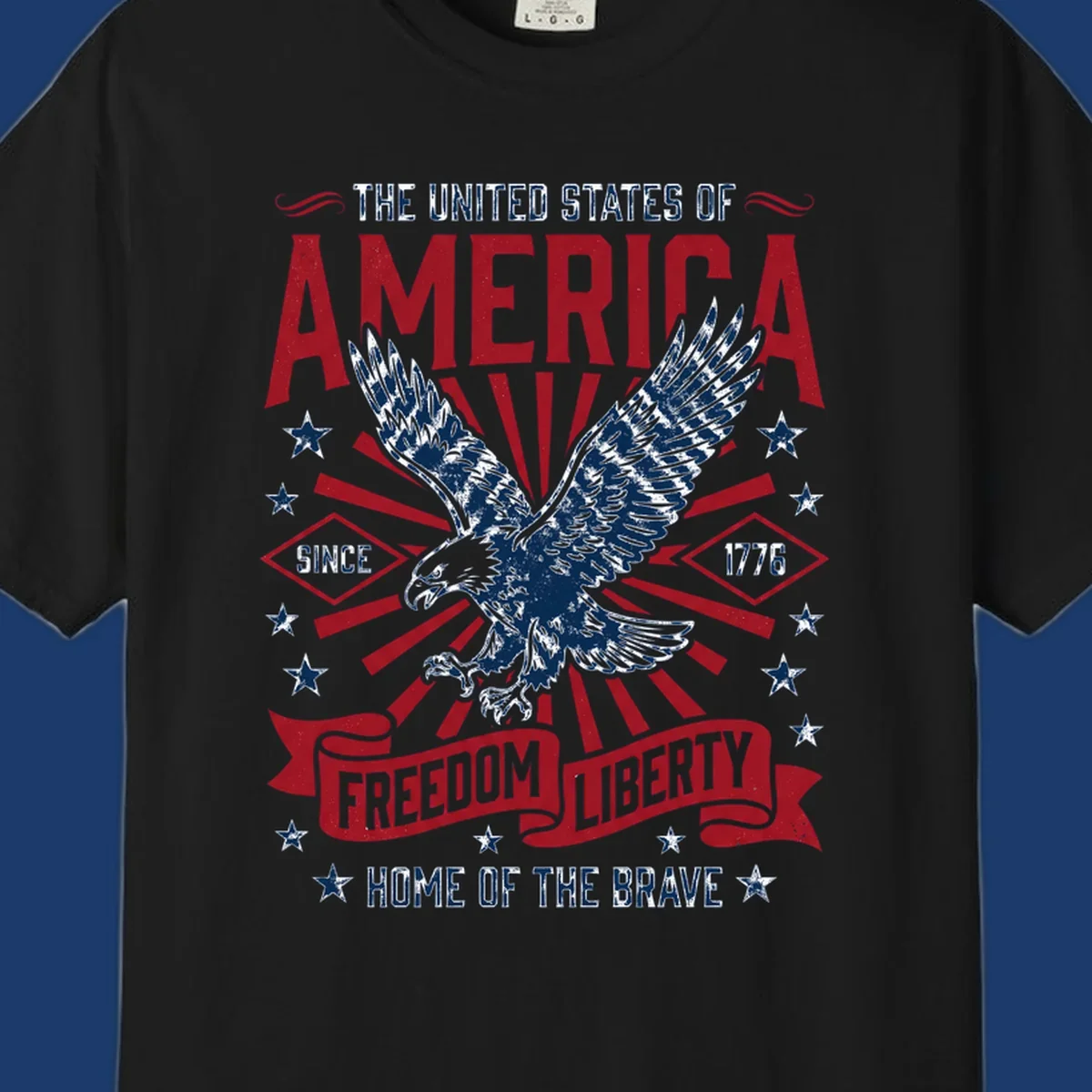 America freedom eagle illustration with patriotic text and elements.