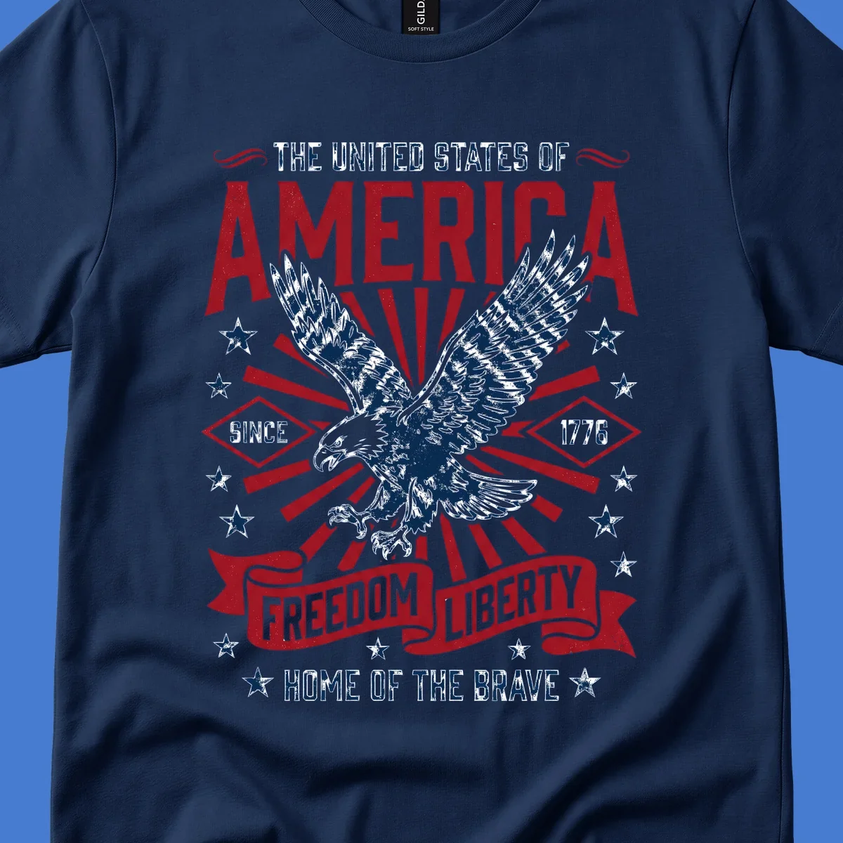 America freedom eagle illustration with patriotic text and elements.