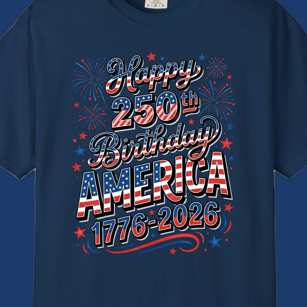 Happy 250th birthday america text with fireworks and stars, 1776-2026.