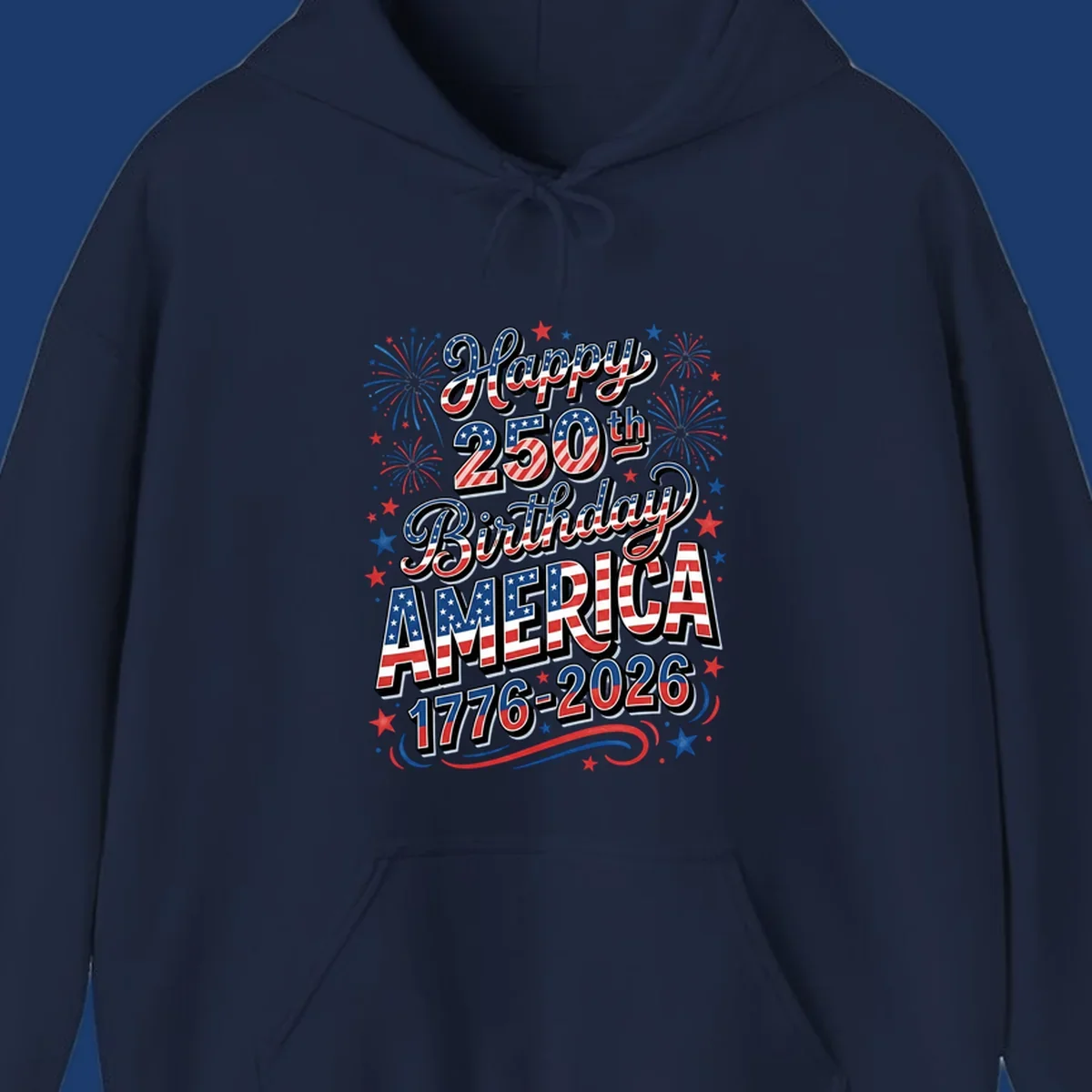 Happy 250th birthday america text with fireworks and stars, 1776-2026.