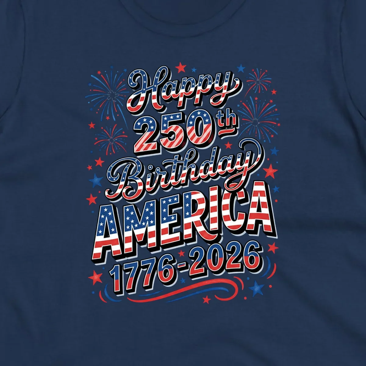 Happy 250th birthday america text with fireworks and stars, 1776-2026.