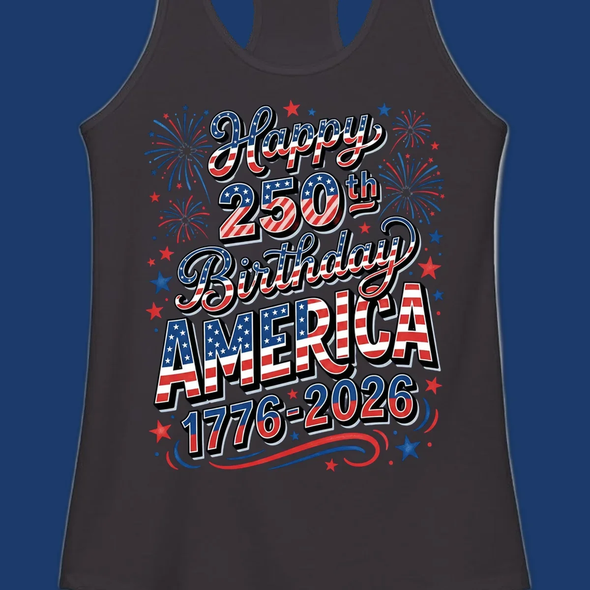 Happy 250th birthday america text with fireworks and stars, 1776-2026.