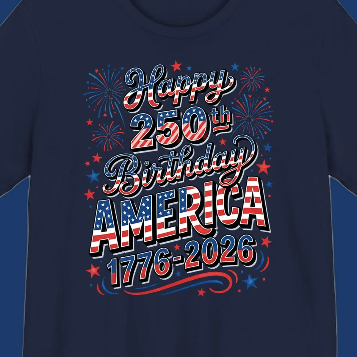 Happy 250th birthday america text with fireworks and stars, 1776-2026.