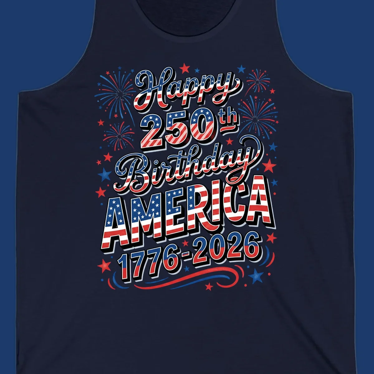 Happy 250th birthday america text with fireworks and stars, 1776-2026.