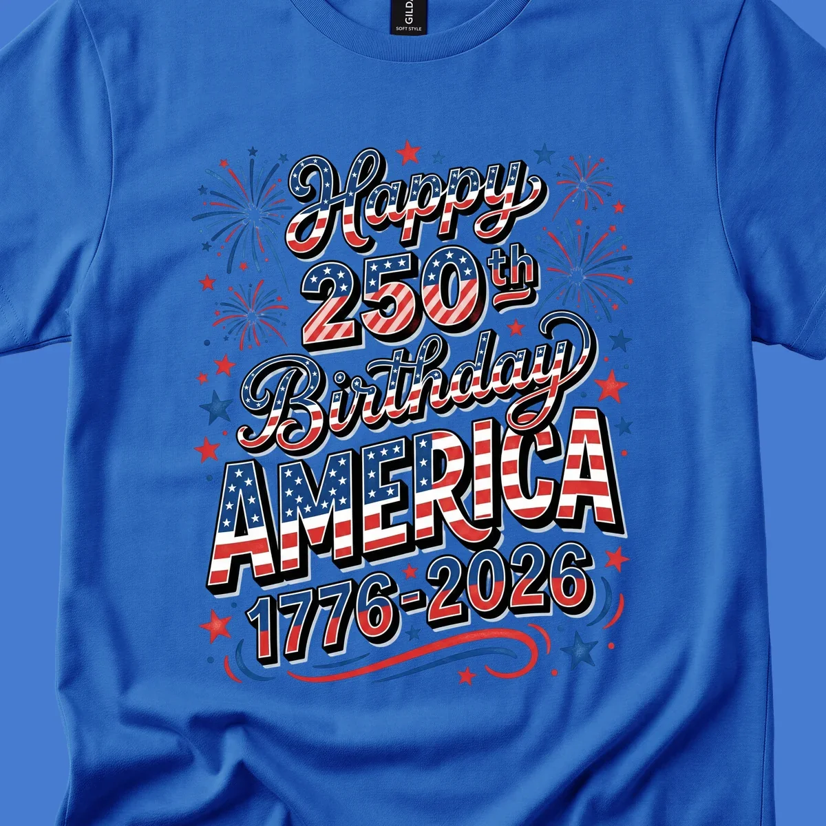 Happy 250th birthday america text with fireworks and stars, 1776-2026.