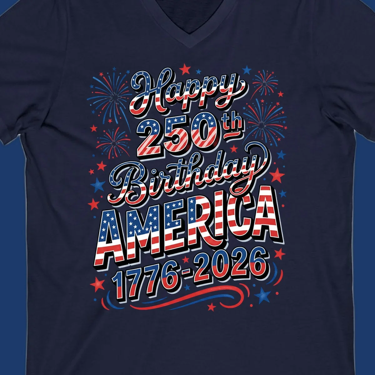 Happy 250th birthday america text with fireworks and stars, 1776-2026.