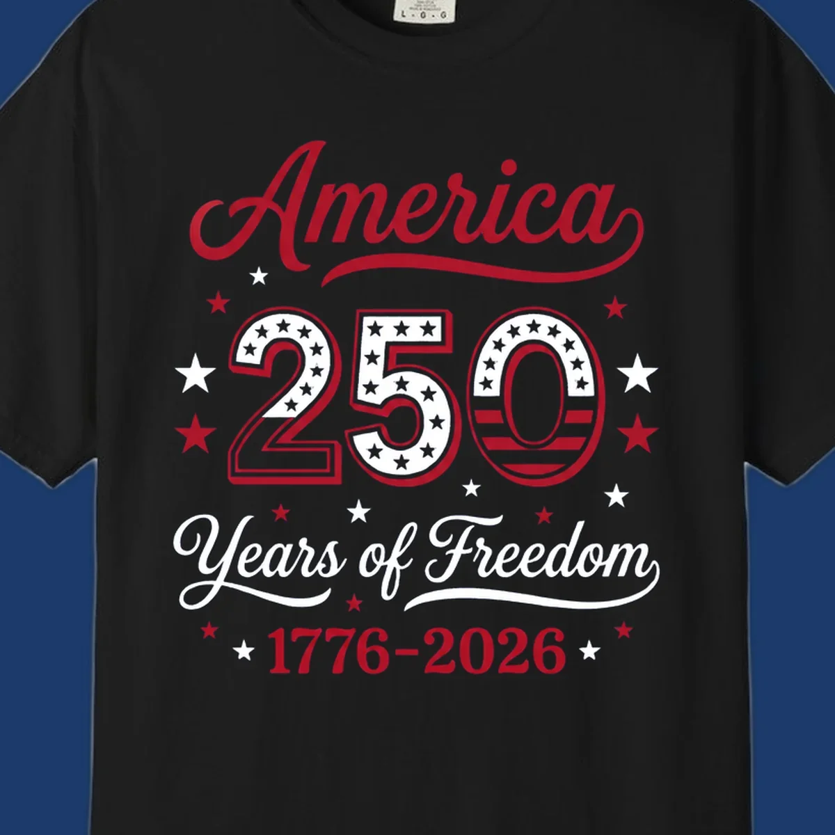 America 250th anniversary design with bold text and patriotic stars and stripes elements.