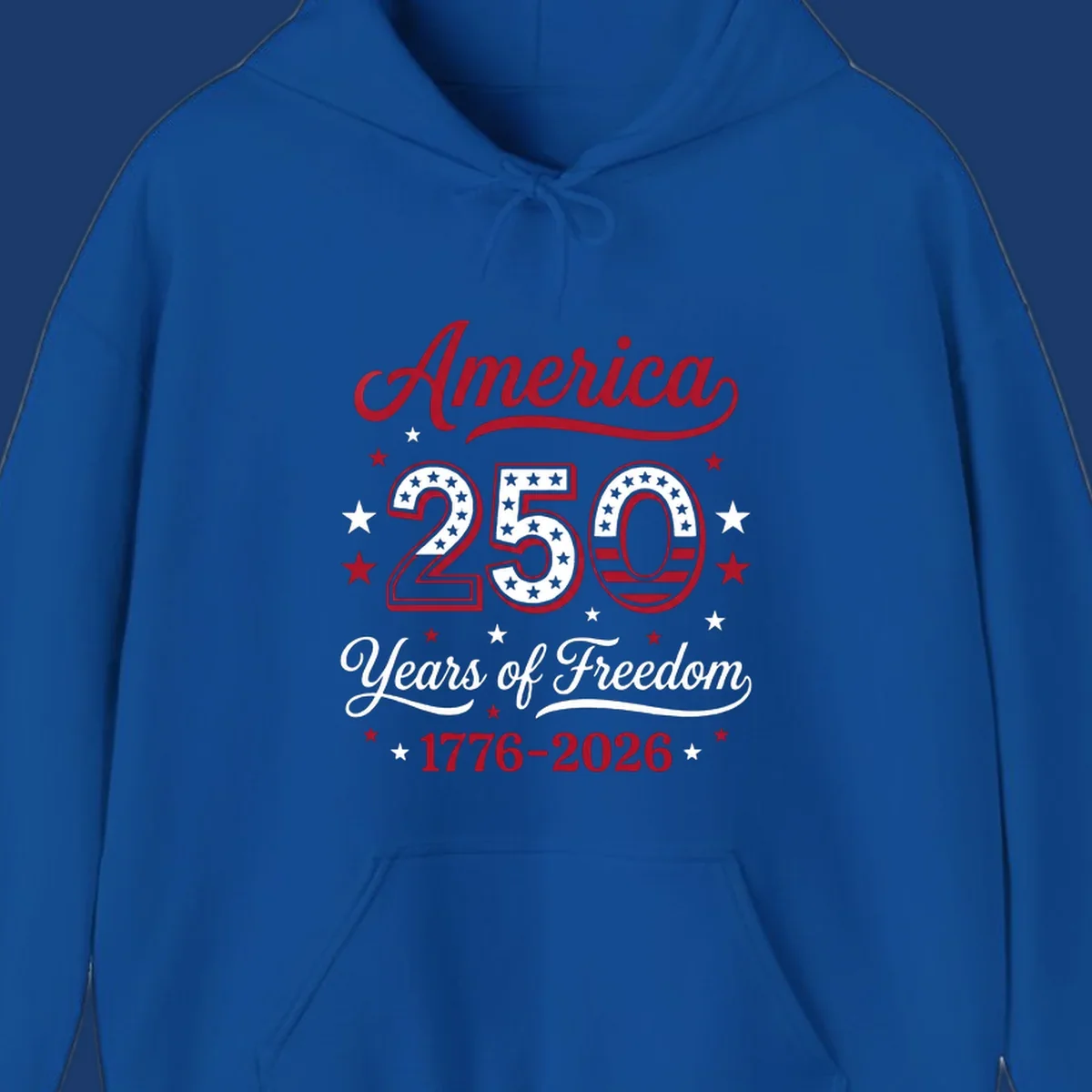 America 250th anniversary design with bold text and patriotic stars and stripes elements.