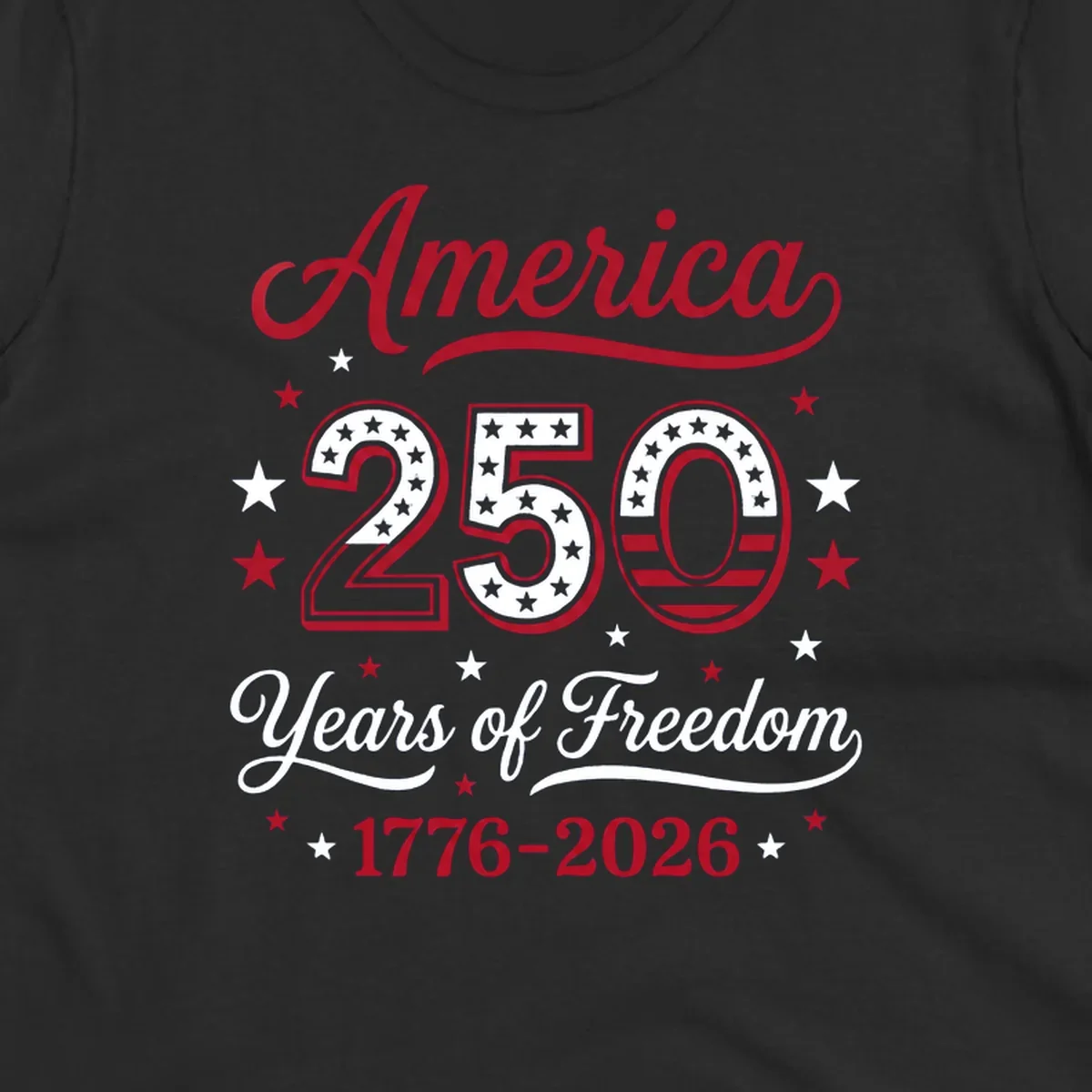 America 250th anniversary design with bold text and patriotic stars and stripes elements.