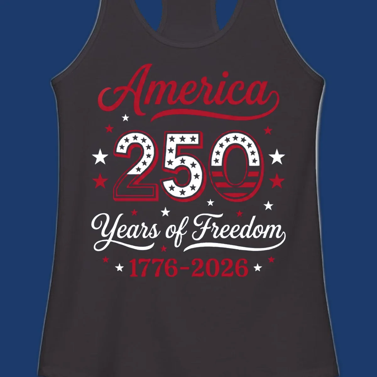 America 250th anniversary design with bold text and patriotic stars and stripes elements.